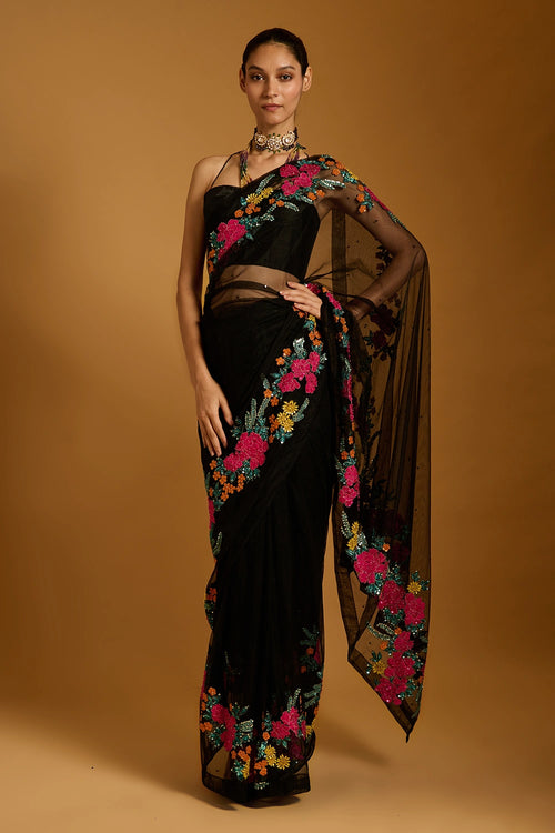 Trifecta Black Floral Vine Saree