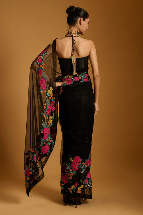 Trifecta Black Floral Vine Saree