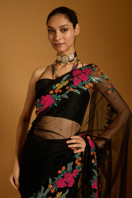 Trifecta Black Floral Vine Saree