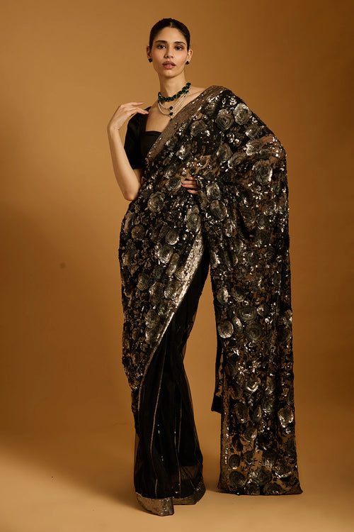 Trifecta Black-Gunmetal Floral Sequin Saree