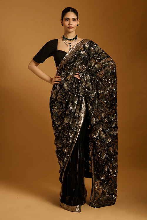 Trifecta Black-Gunmetal Floral Sequin Saree