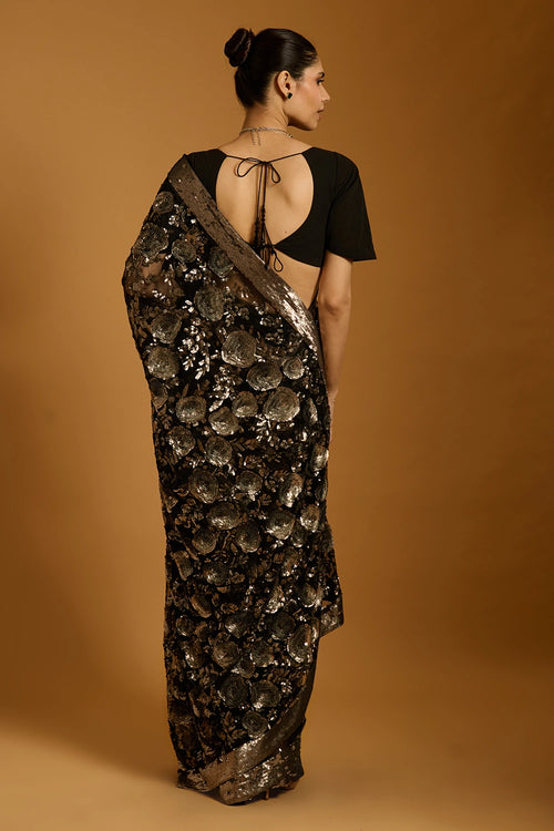 Trifecta Black-Gunmetal Floral Sequin Saree