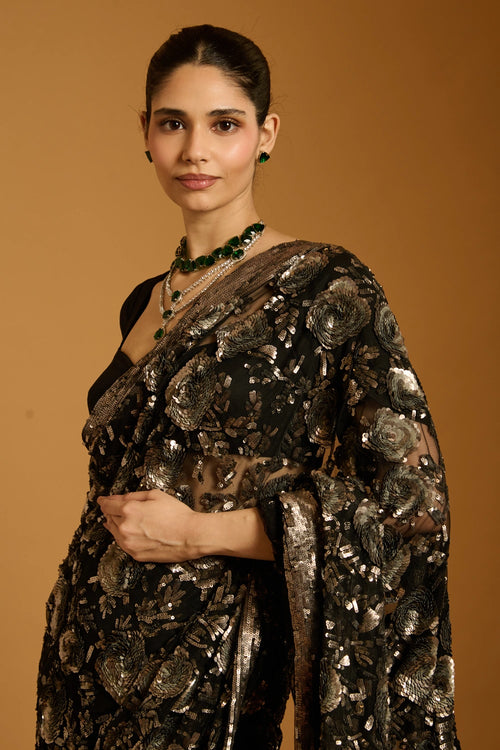 Trifecta Black-Gunmetal Floral Sequin Saree