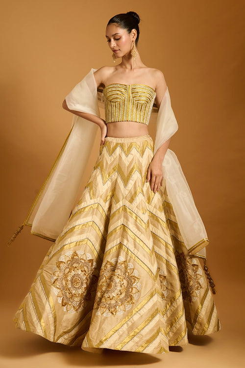 Trifecta Beige-Gold Chevron Lehenga