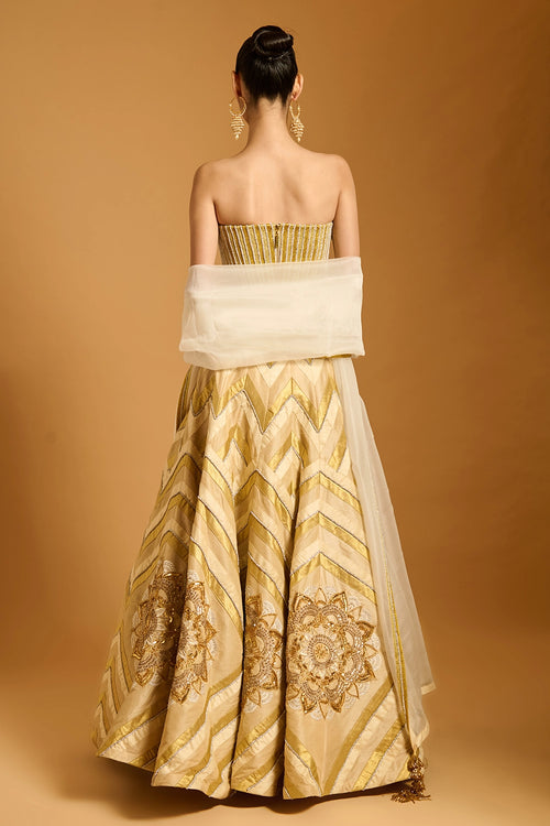 Trifecta Beige-Gold Chevron Lehenga