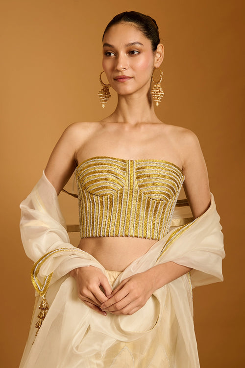 Trifecta Beige-Gold Chevron Lehenga