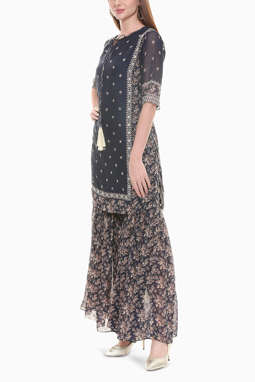 Applique Printed Kurta With Sharara Pant