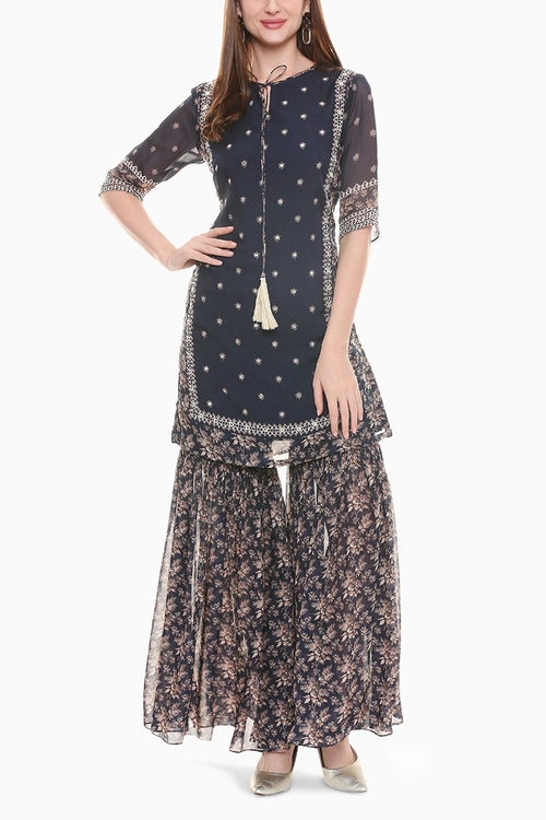 Applique Printed Kurta With Sharara Pant