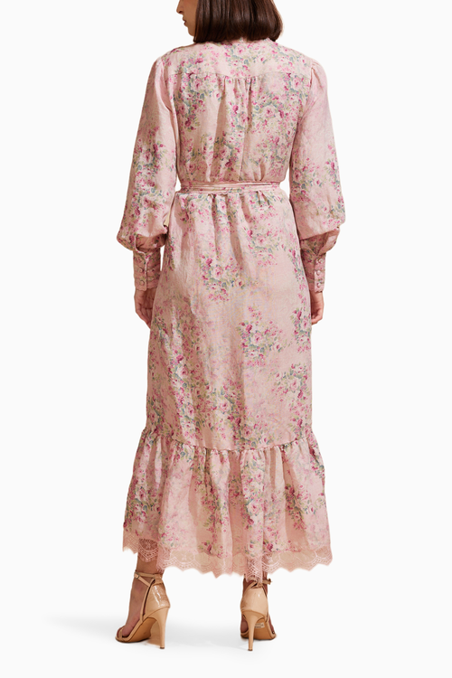 Powder Blush Linen Midi Dress with Belt