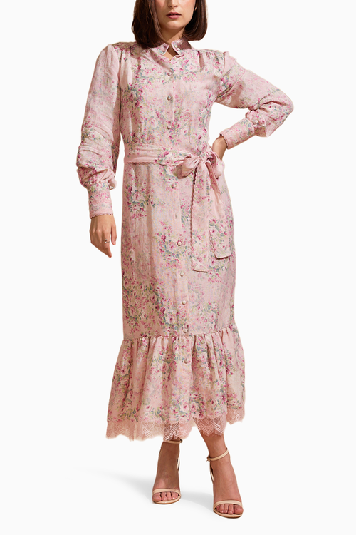 Powder Blush Linen Midi Dress with Belt