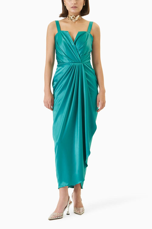 Pine Green Square V-Neck Draped Dress