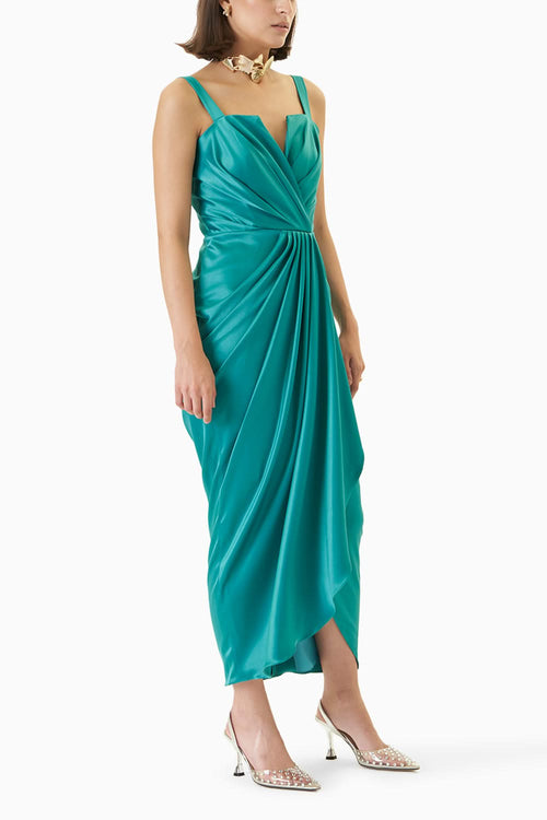 Pine Green Square V-Neck Draped Dress