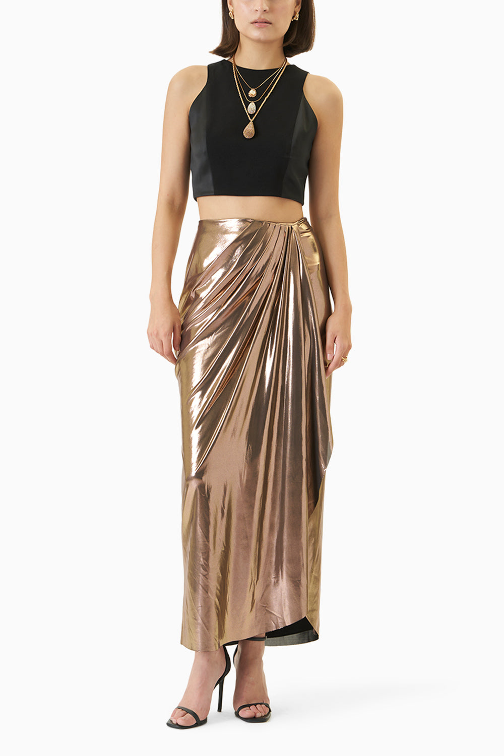 Black Top and Chestnut Gold Pleated Cascade Skirt