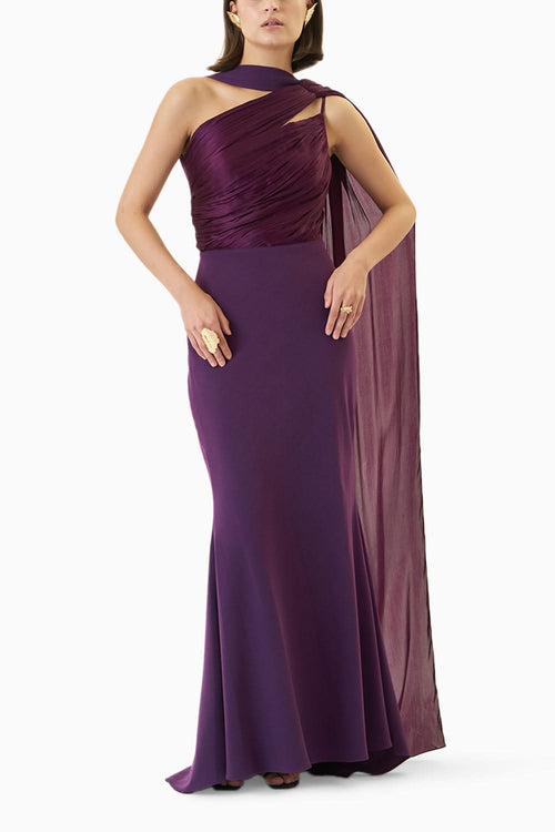 Deep Purple Hand Ruched One Shoulder Draped Gown
