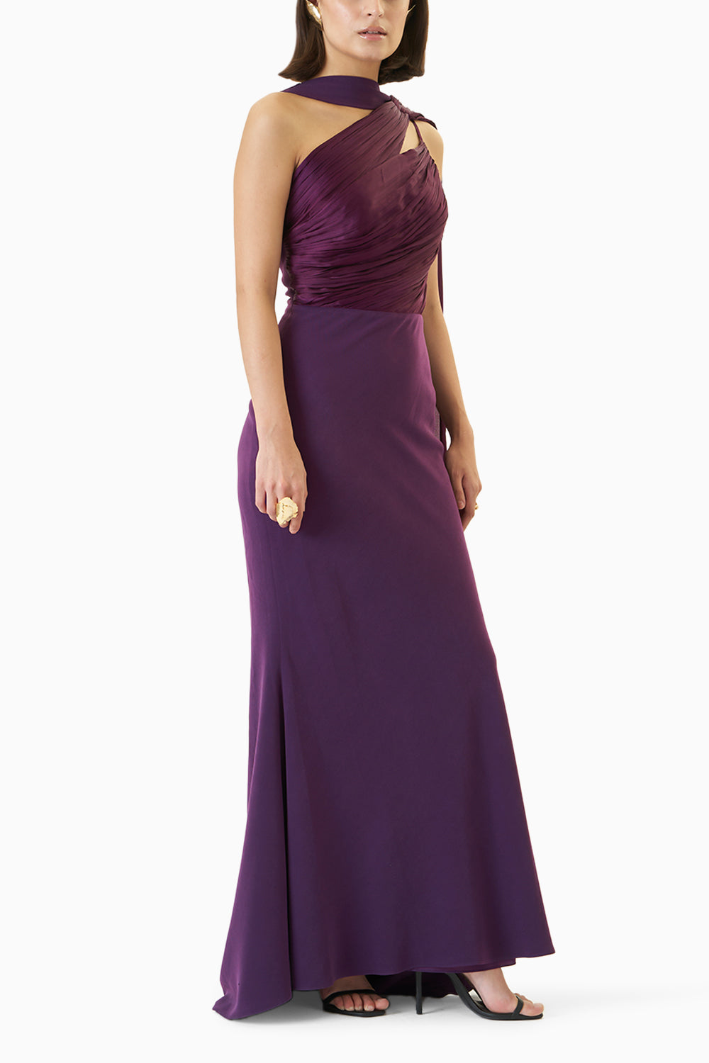Deep Purple Hand Ruched One Shoulder Draped Gown