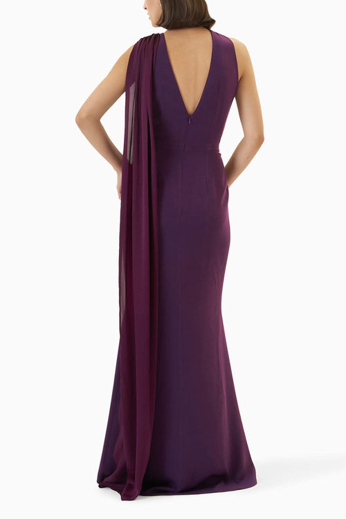 Deep Purple Hand Ruched One Shoulder Draped Gown
