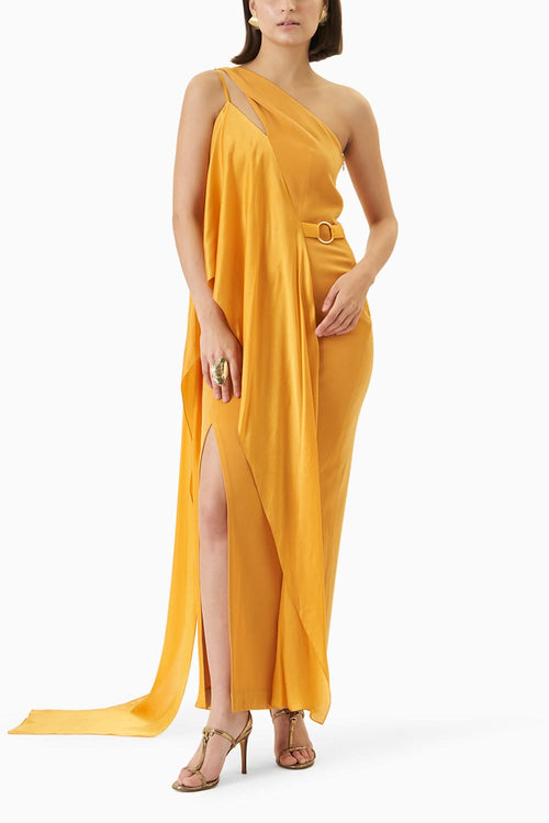 Yellow One Shoulder Neck Stole Gown