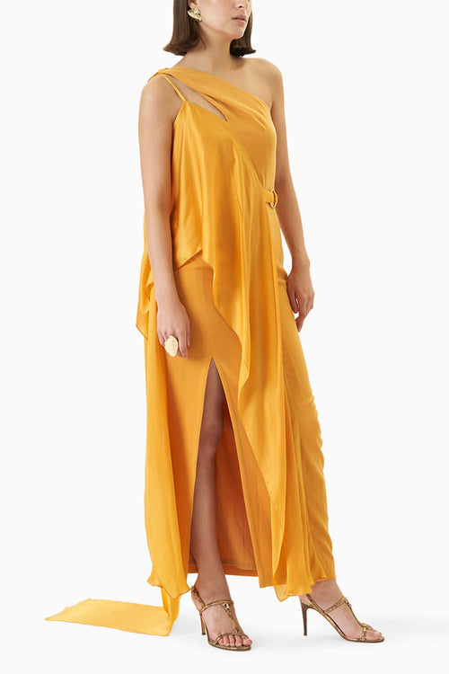 Yellow One Shoulder Neck Stole Gown