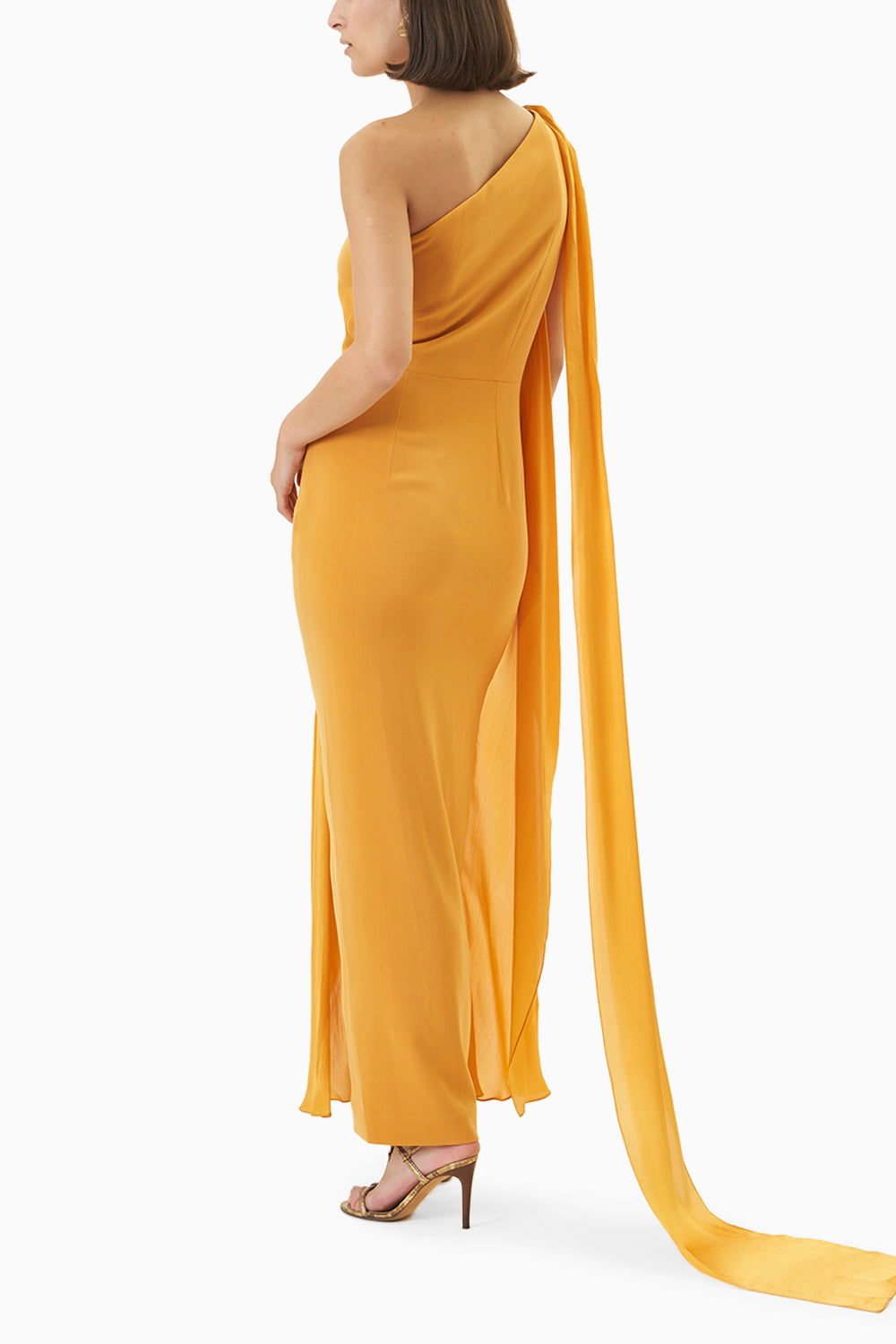 Yellow One Shoulder Neck Stole Gown