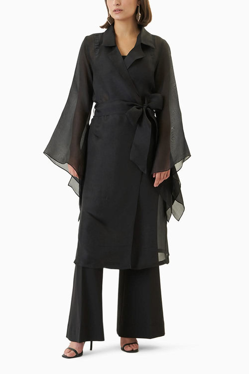 Black Bianca Trench Coat with Pants Set