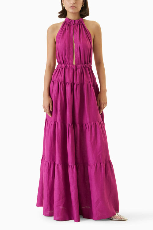 Pink Noor Halter Neck Tiered Dress