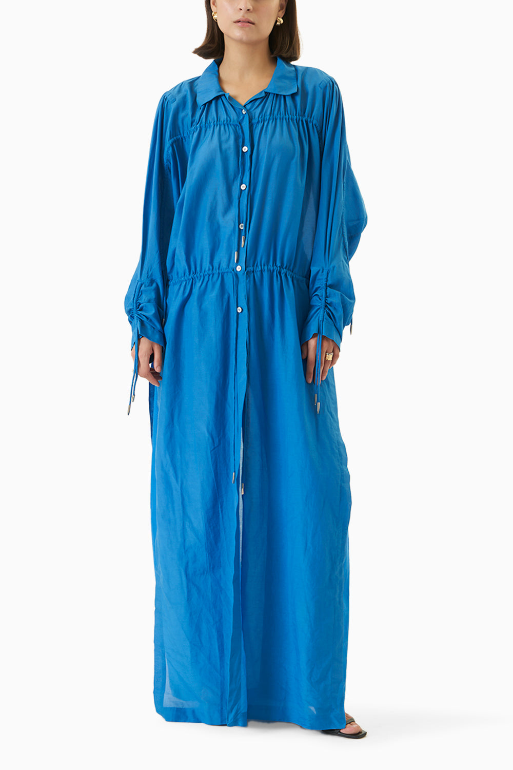 Blue Sana Silk Cotton Shirt Dress