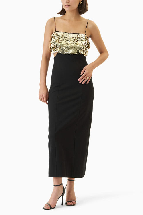 Black Strappy Lycra Dress With Gold Embellishments