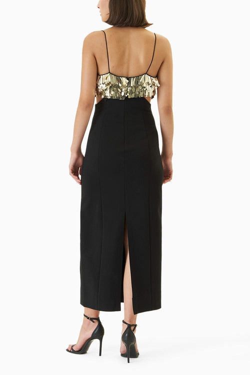 Black Strappy Lycra Dress With Gold Embellishments