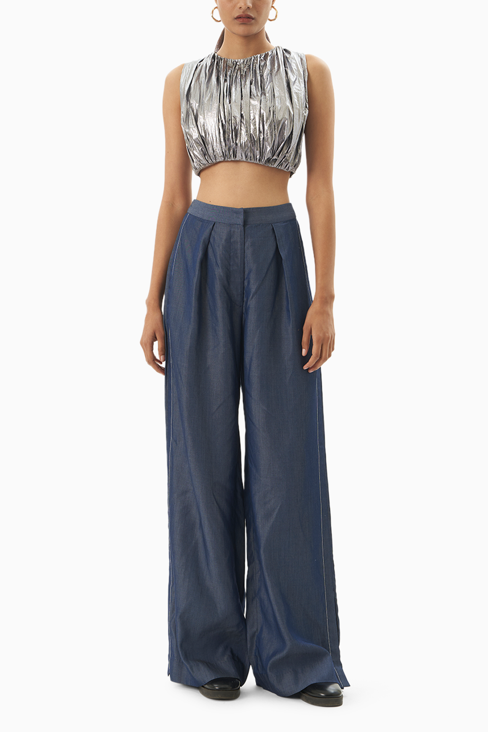 Ruched Foil Top and Denim Trouser