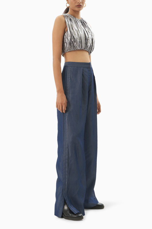 Ruched Foil Top with Denim Jacket & Trouser