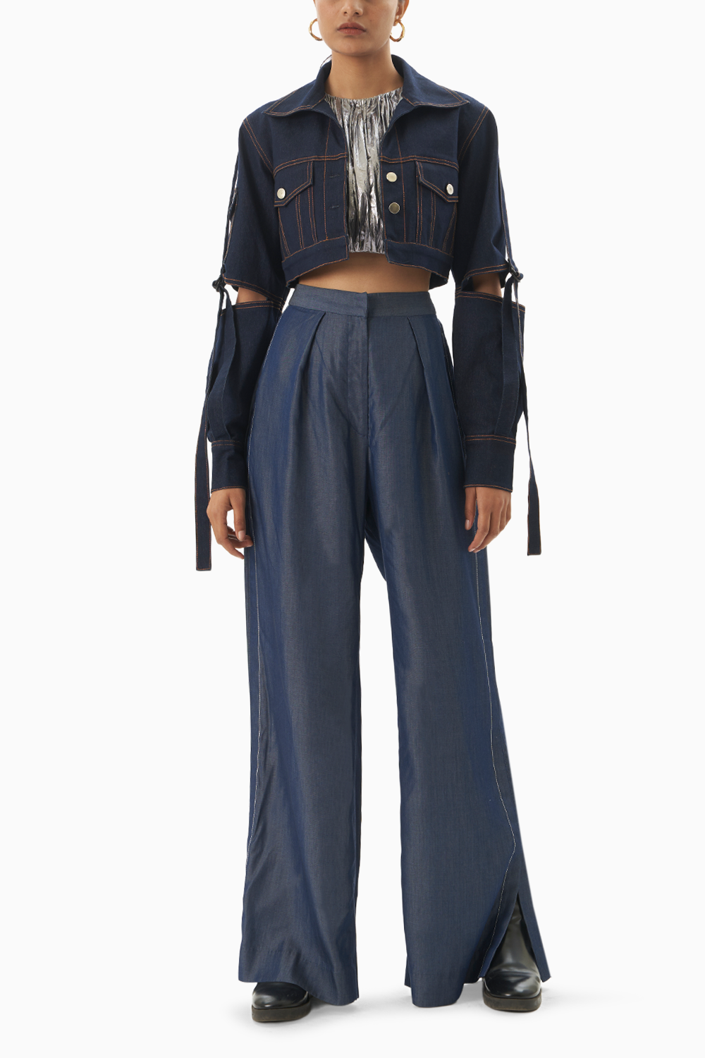 Ruched Foil Top with Denim Jacket & Trouser