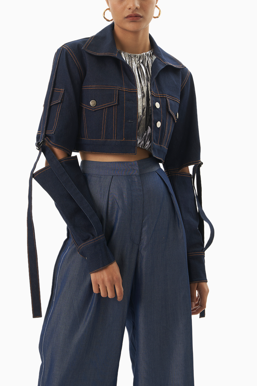 Ruched Foil Top with Denim Jacket & Trouser