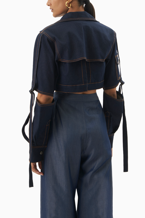 Ruched Foil Top with Denim Jacket & Trouser