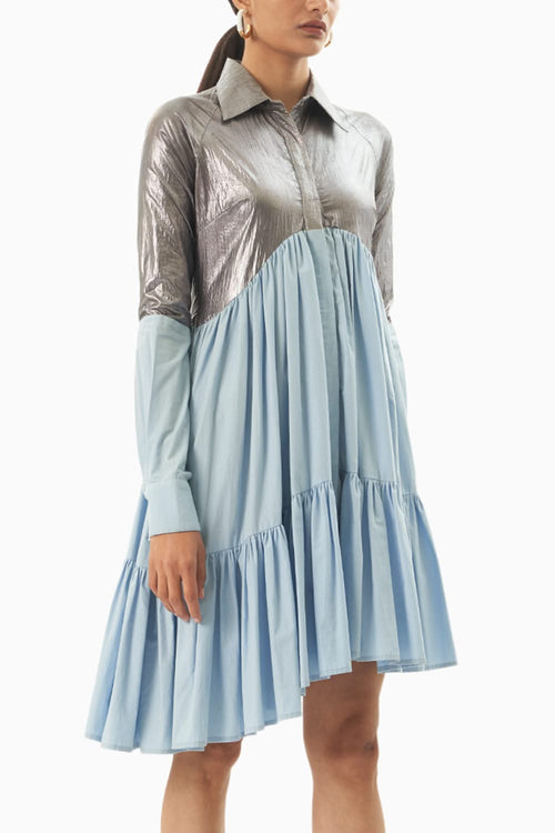Metallic Ice Blue Asymmetric Tier Dress