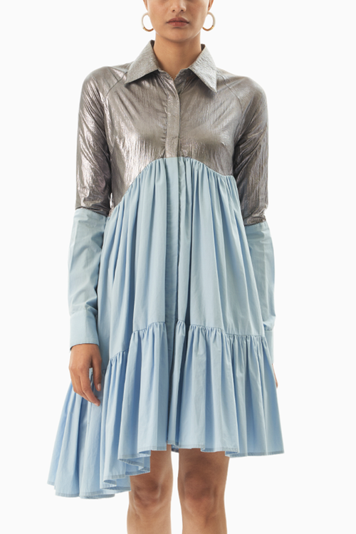 Metallic Ice Blue Asymmetric Tier Dress
