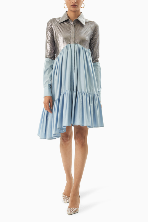Metallic Ice Blue Asymmetric Tier Dress