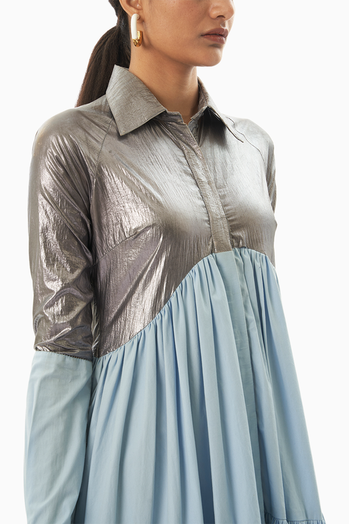 Metallic Ice Blue Asymmetric Tier Dress