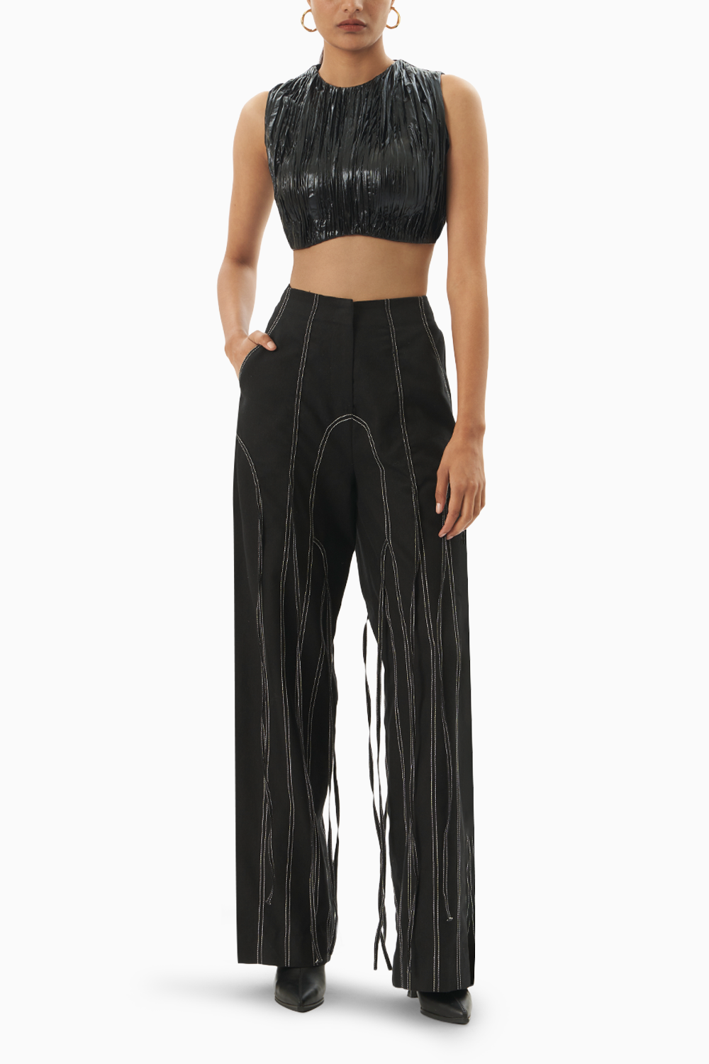 Black Ruched Foil Top and Denim Panelled Trouser