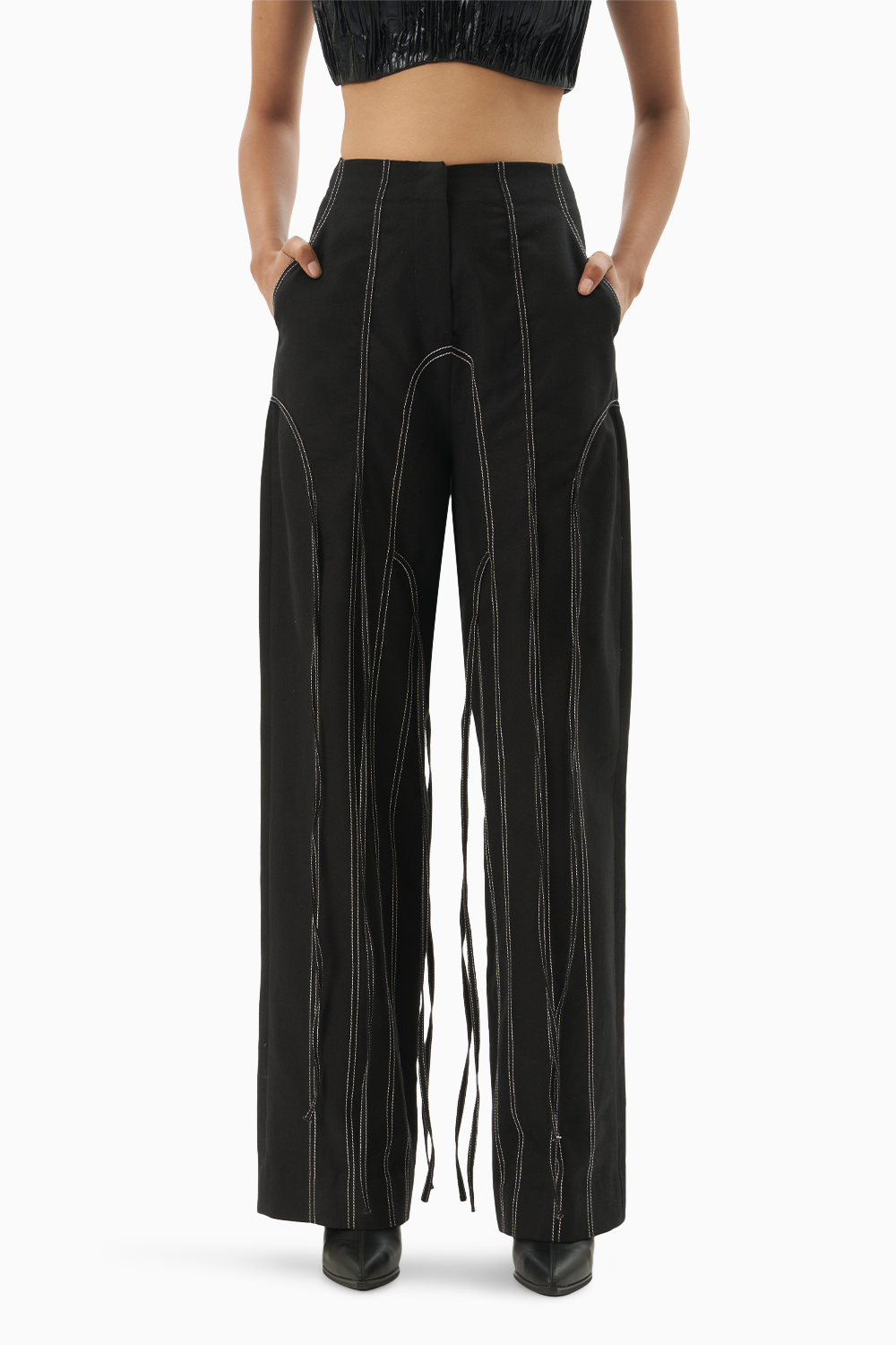 Black Denim Panelled Trouser with Ties