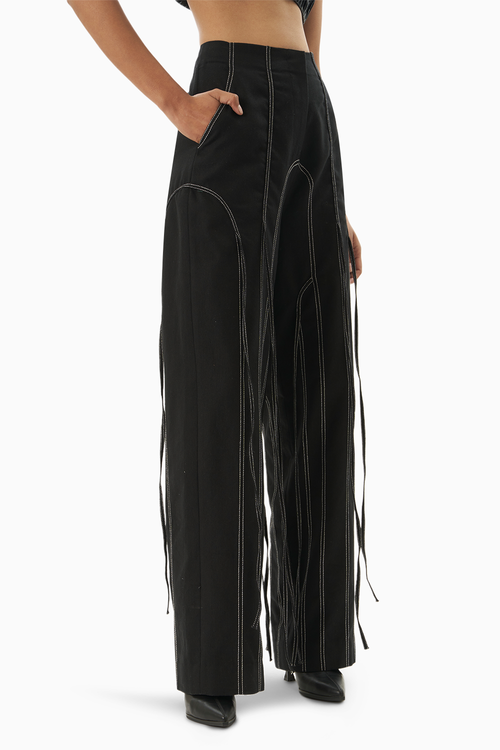 Black Denim Panelled Trouser with Ties