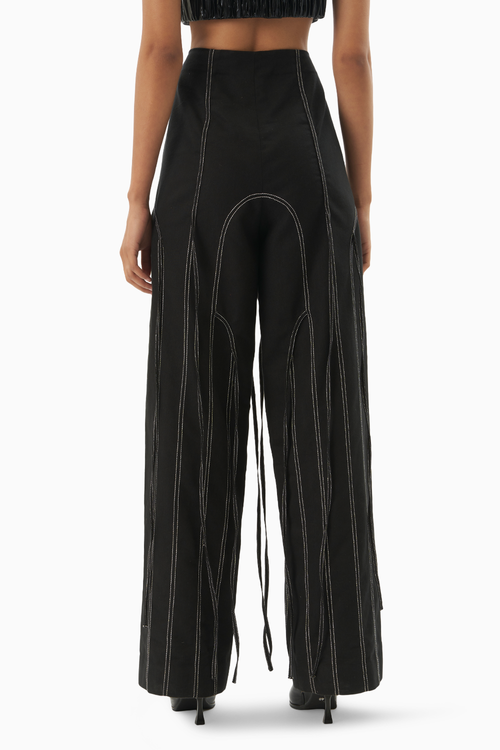 Black Denim Panelled Trouser with Ties