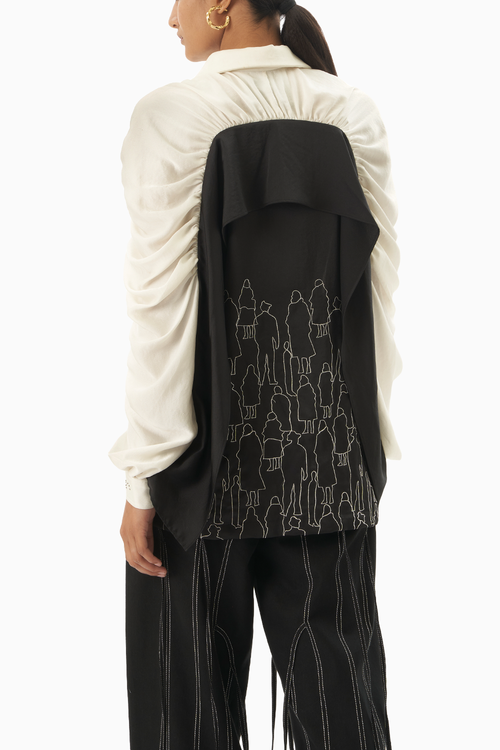 Monochrome People Embroidery Shirt and Denim Panelled Trouser
