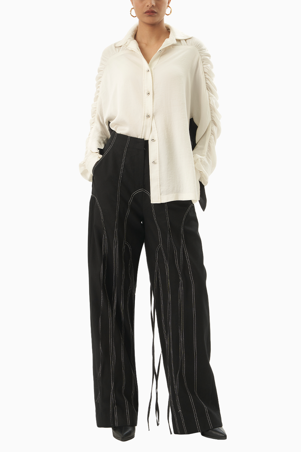 Monochrome People Embroidery Shirt and Denim Panelled Trouser