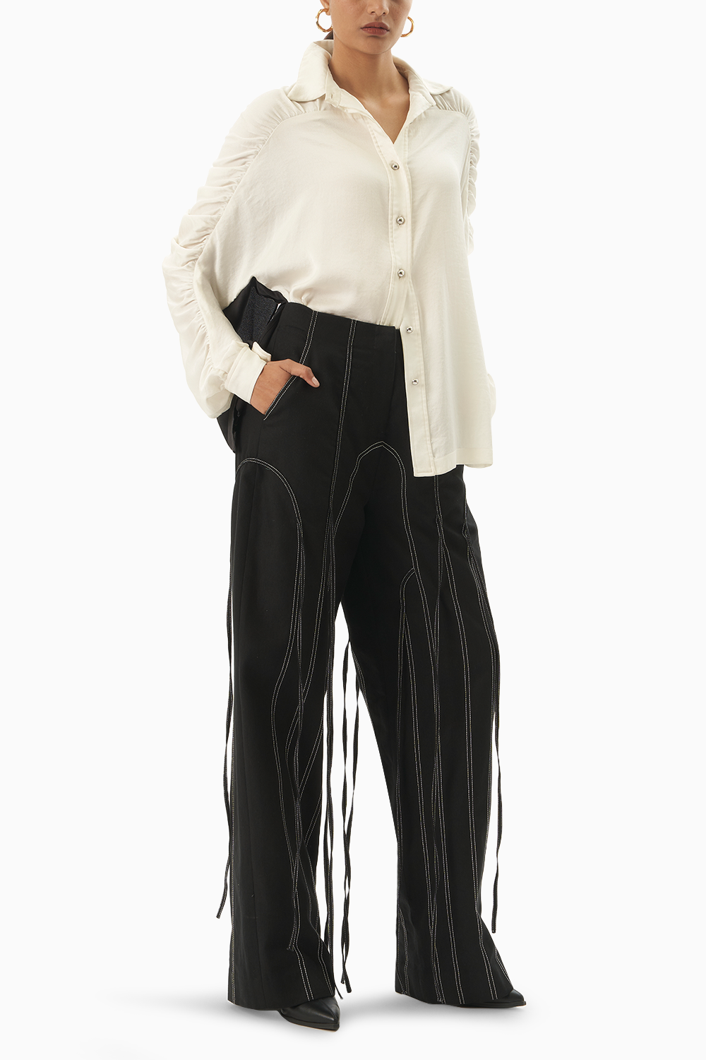Monochrome People Embroidery Shirt and Denim Panelled Trouser