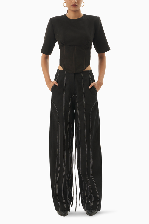 Suede Corset Top with Denim Panelled Trouser