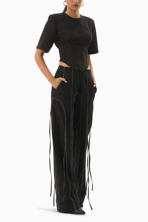 Suede Corset Top with Denim Panelled Trouser