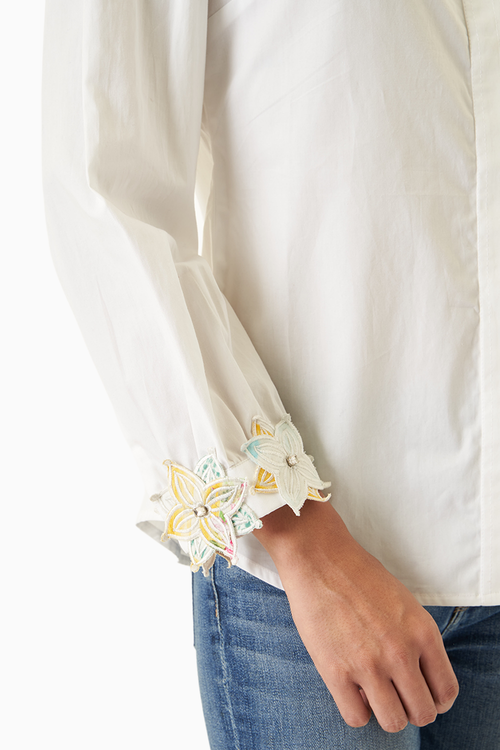 White Pintucked Shirt with Applique Collar