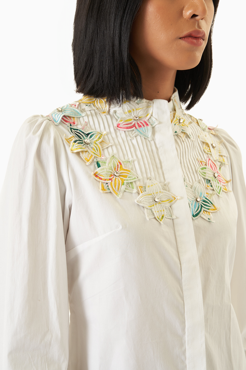 White Pintucked Shirt with Applique Collar