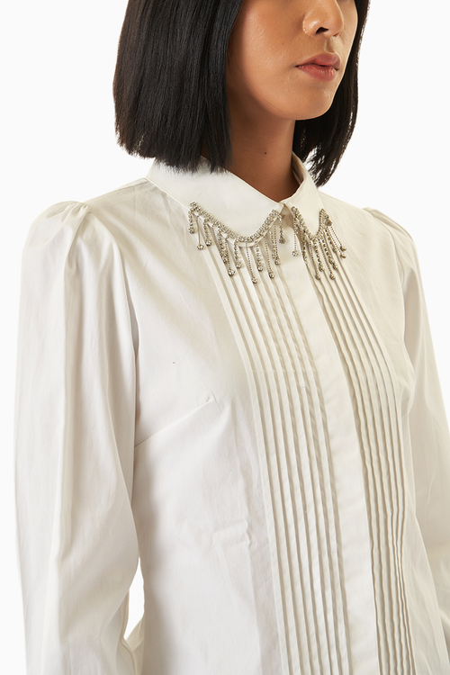 White Pintucked Shirt with Embellished Collar