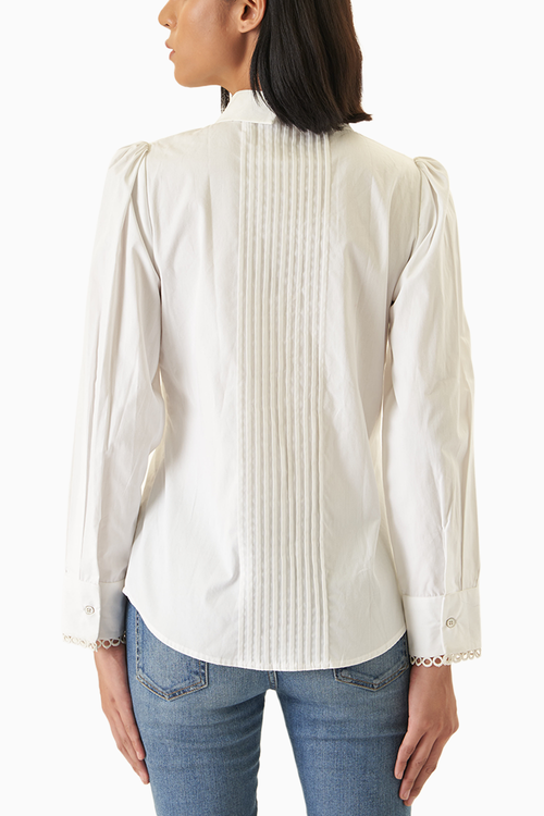 White Pintucked Shirt with Embellished Collar